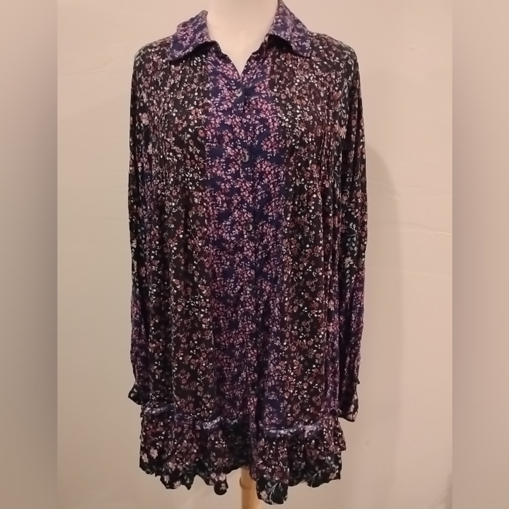 Free People Peasant Fall Floral Ditsy Calico Tunic Top Dress Blue Black M Ruffle